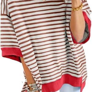 Limited time deal15% off SHEWIN Womens Tops Casual Short Sleeve Sweatshirt Striped Shirt Crewneck Pullover T Shirts Loose Blouses
